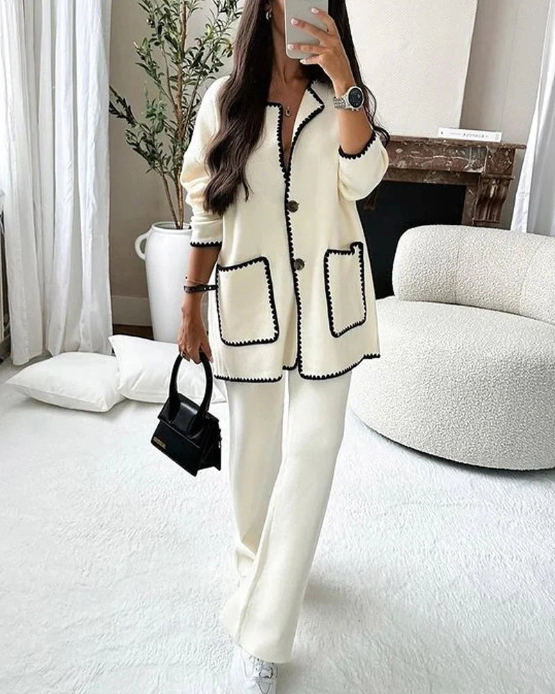 Ensemble Veste Détail Bordure & Pantalon Décontracté