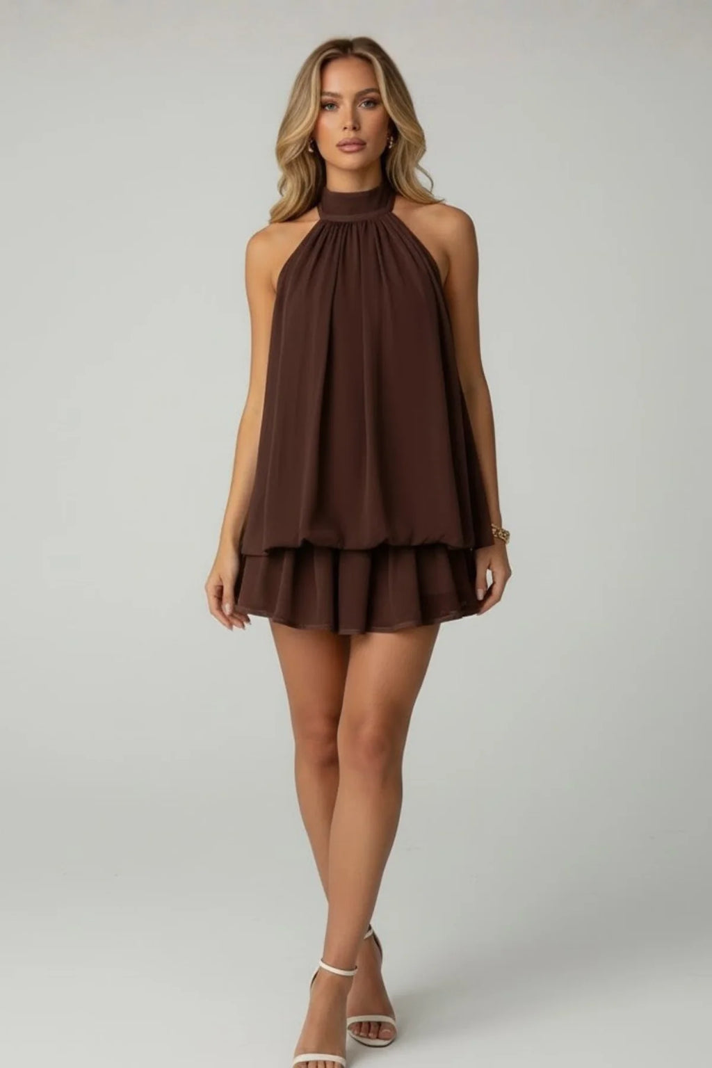 Robe mini sans manches à col licou pour femme avec ourlet à double volant
