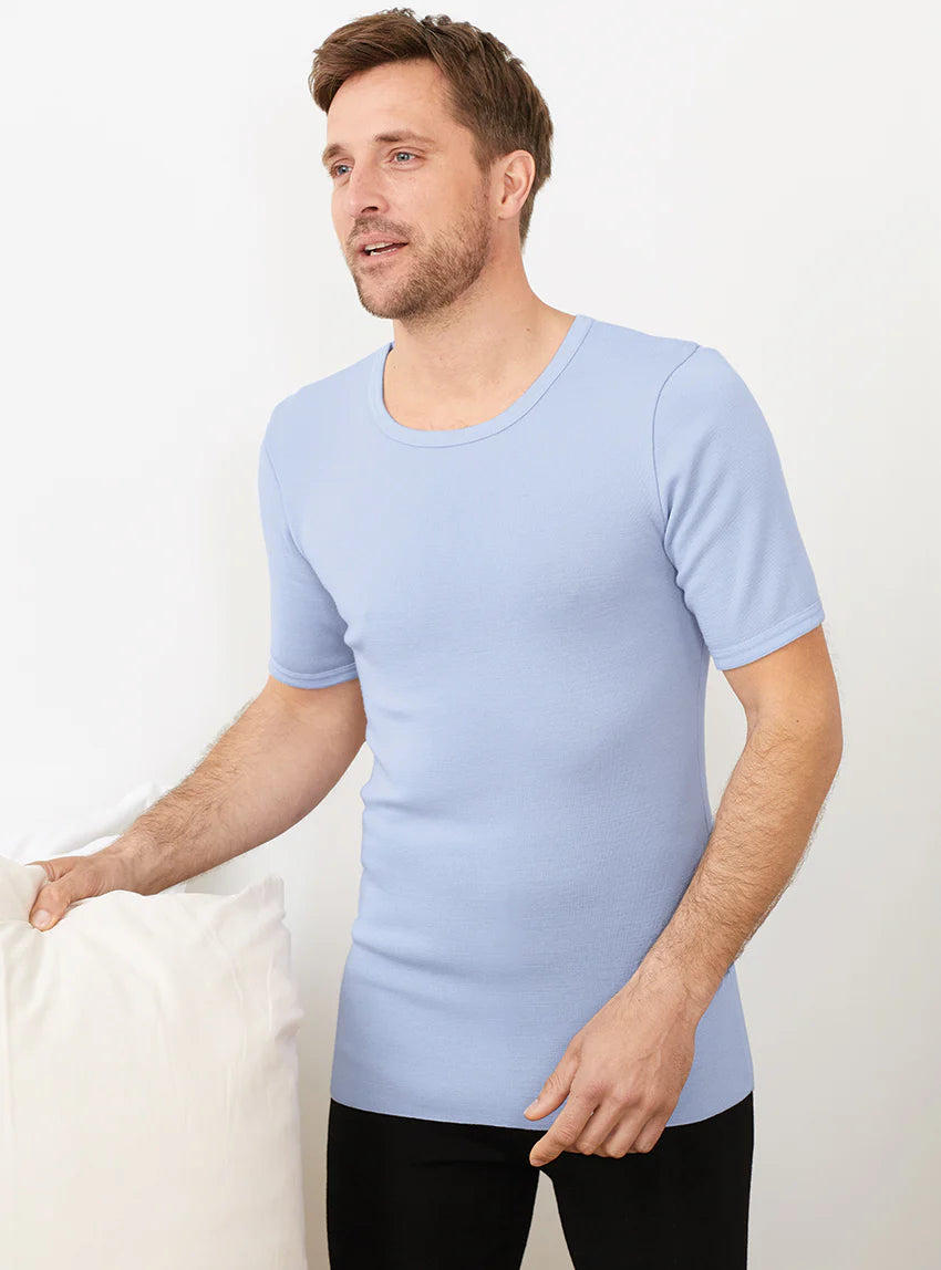 Tee-shirt thermique fin homme  laine mérinos bleu ciel