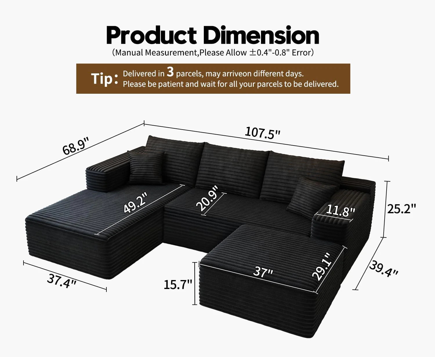 107.5 Cloud Modular Sectional Sofa Couch with L-Shape Chaise,Modern Minimalist Upholstered Couches for Living Room Bedroom,Deep Seat Corner Couch，No Assembly Required (Black,Left Facing Chaise)