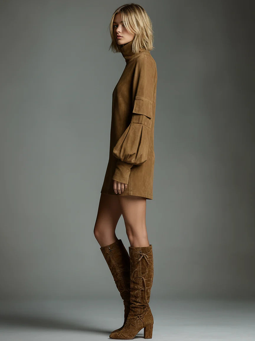 Robe mini vintage en daim à col roulé – Style chic sans effort