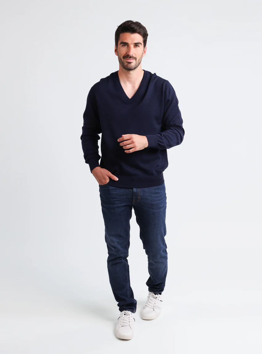 Pull homme col V 100% laine mérinos bleu marine