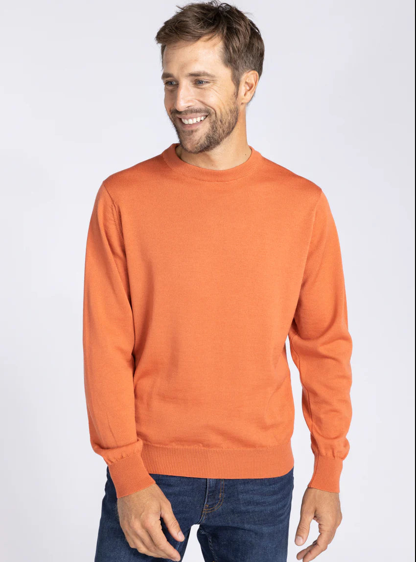 Pull homme col rond laine mérinos orange tendre