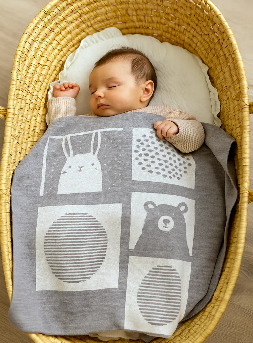 Plaid bébé laine mérinos motif animaux gris métal