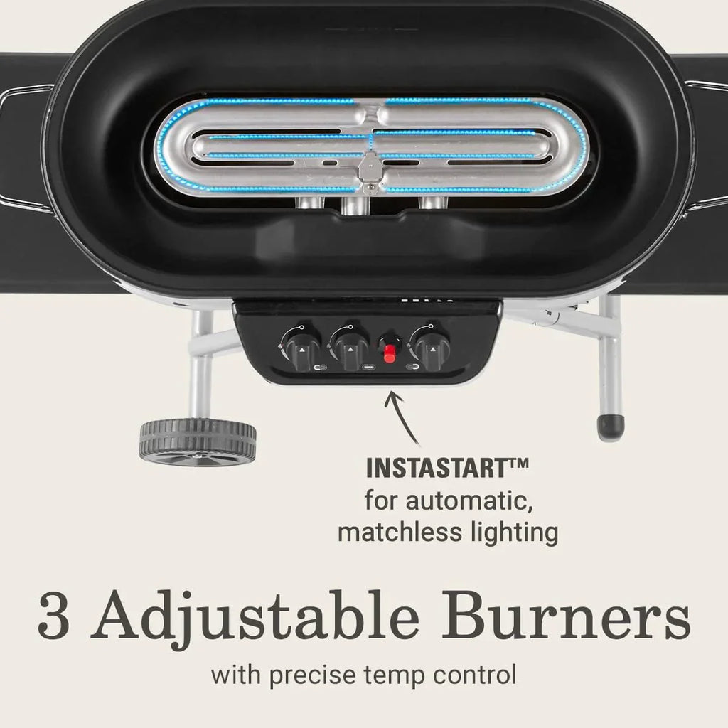 RoadTrip 285 Portable Stand-Up Propane Grill with 3 Adjustable Burners Instastart Ignition 20,000 BTUs