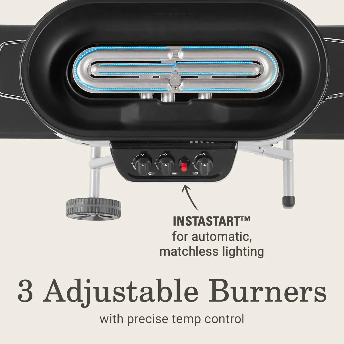 RoadTrip 285 Portable Stand-Up Propane Grill with 3 Adjustable Burners Instastart Ignition 20,000 BTUs