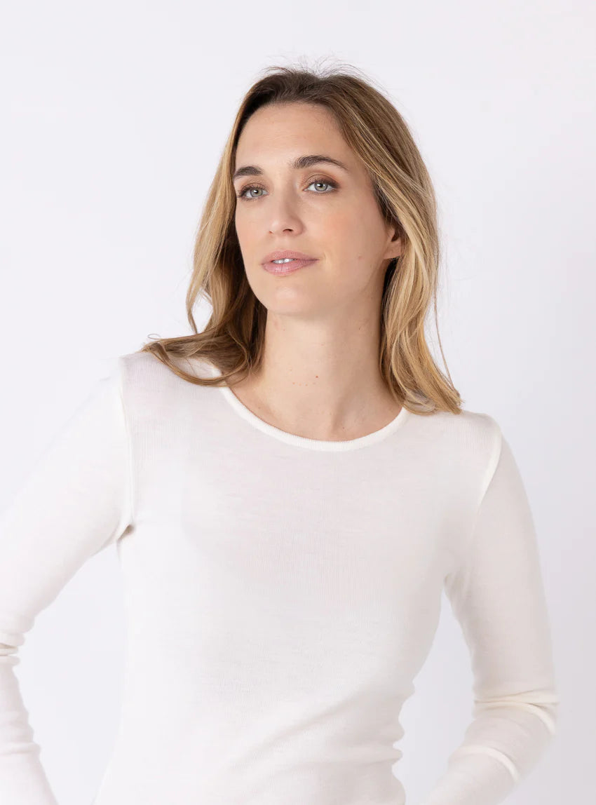Tee-shirt thermique manches longues femme en laine merinos blanc naturel