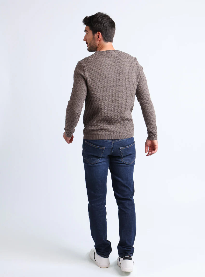 Pull homme damier en laine beige taupe