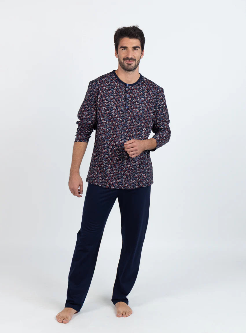 Pyjama homme en coton  imprimé feuilles rouges