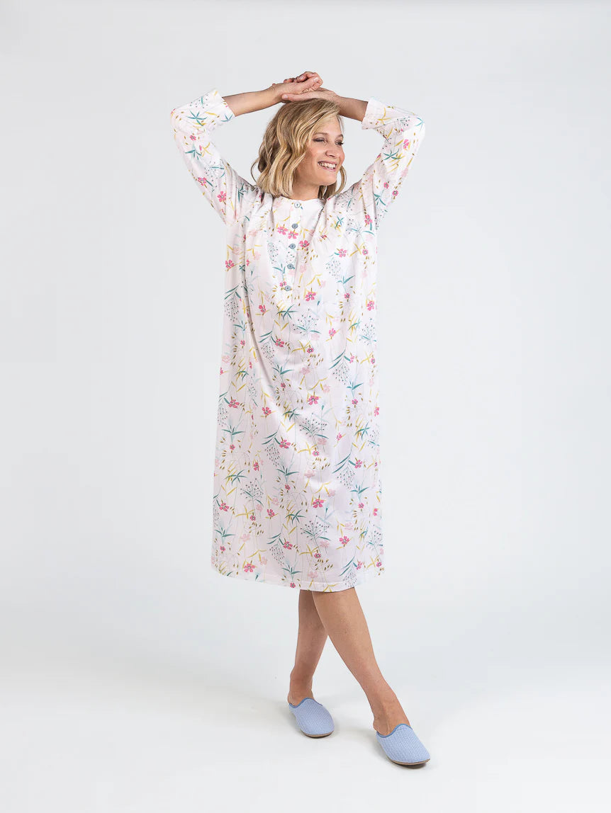 Chemise de nuit femme en coton floral rose poudre