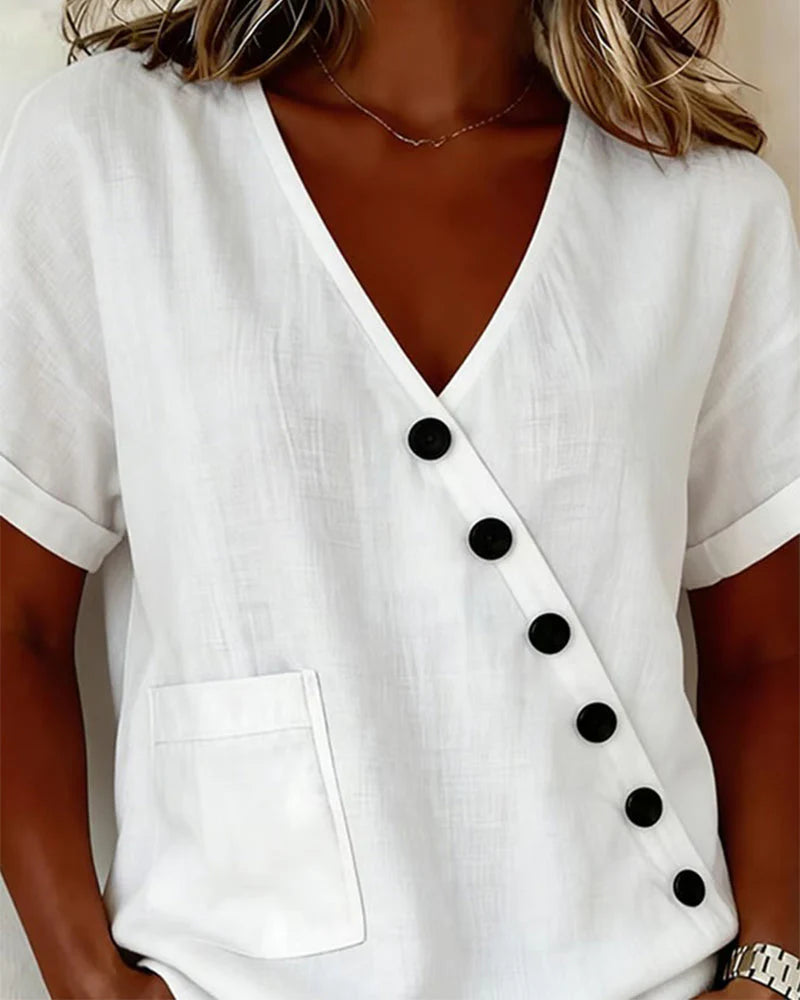 Blouse en coton à col en V avec patte de boutonnage diagonale