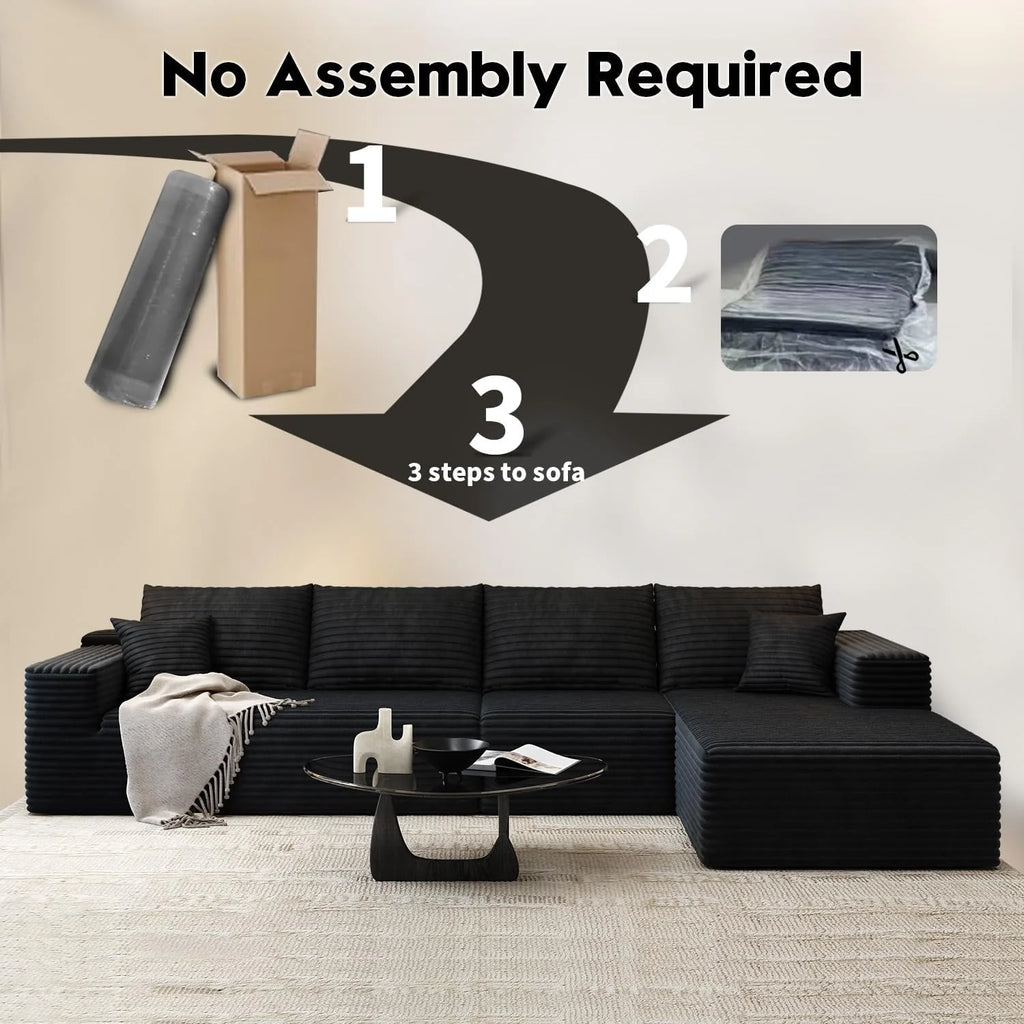107.5 Cloud Modular Sectional Sofa Couch with L-Shape Chaise,Modern Minimalist Upholstered Couches for Living Room Bedroom,Deep Seat Corner Couch，No Assembly Required (Black,Left Facing Chaise)