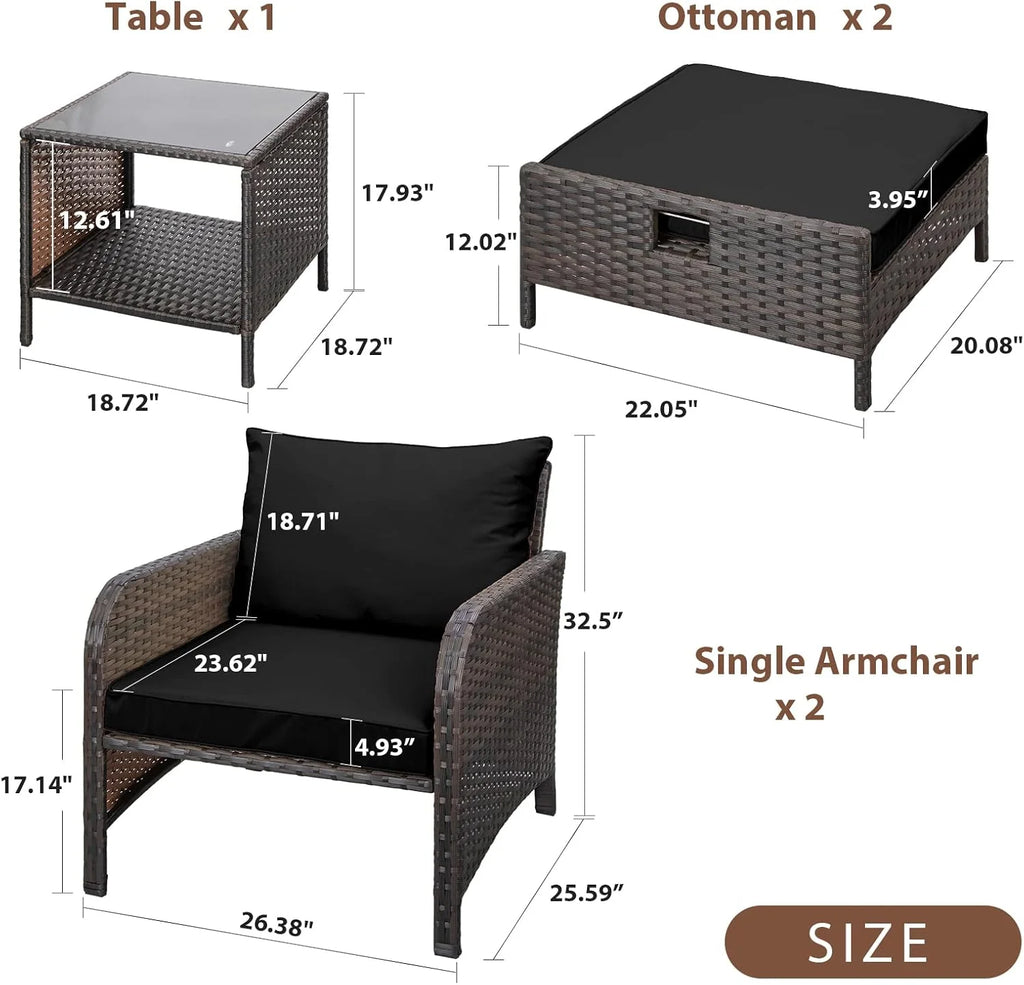 LEVELEVE Balcony Furniture 5 Piece Patio Conversation Set, PE Wicker Rattan Outdoor Lounge Chairs with Soft Cushions 2 Ottoman&Glass Table for Porch, Lawn-Brown Wicker