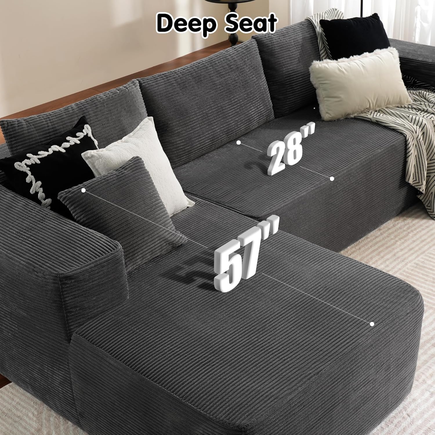 ovios 104 Cloud Sectional Couch with L-Shape Chaise,Modern Modular Sofa with Deep Seat, Upholstered Couches for Living Room Bedroom,No Assembly Required, Grey (Plush Corduroy Fabric)