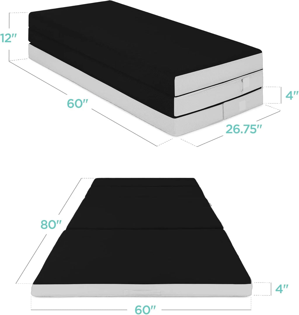 Best Choice Products 4in Portable Queen-Size Mattress, Tri-Fold Mattress for Camping, Guest, Toddler, Foam Plush w/Carry Case - Grey