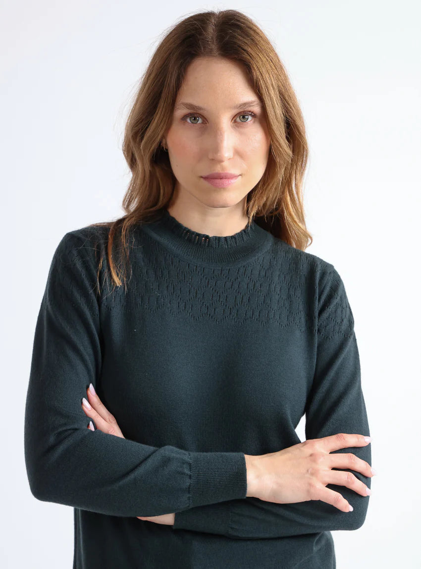 Pull femme col et maille fantaisie en laine merinos vert