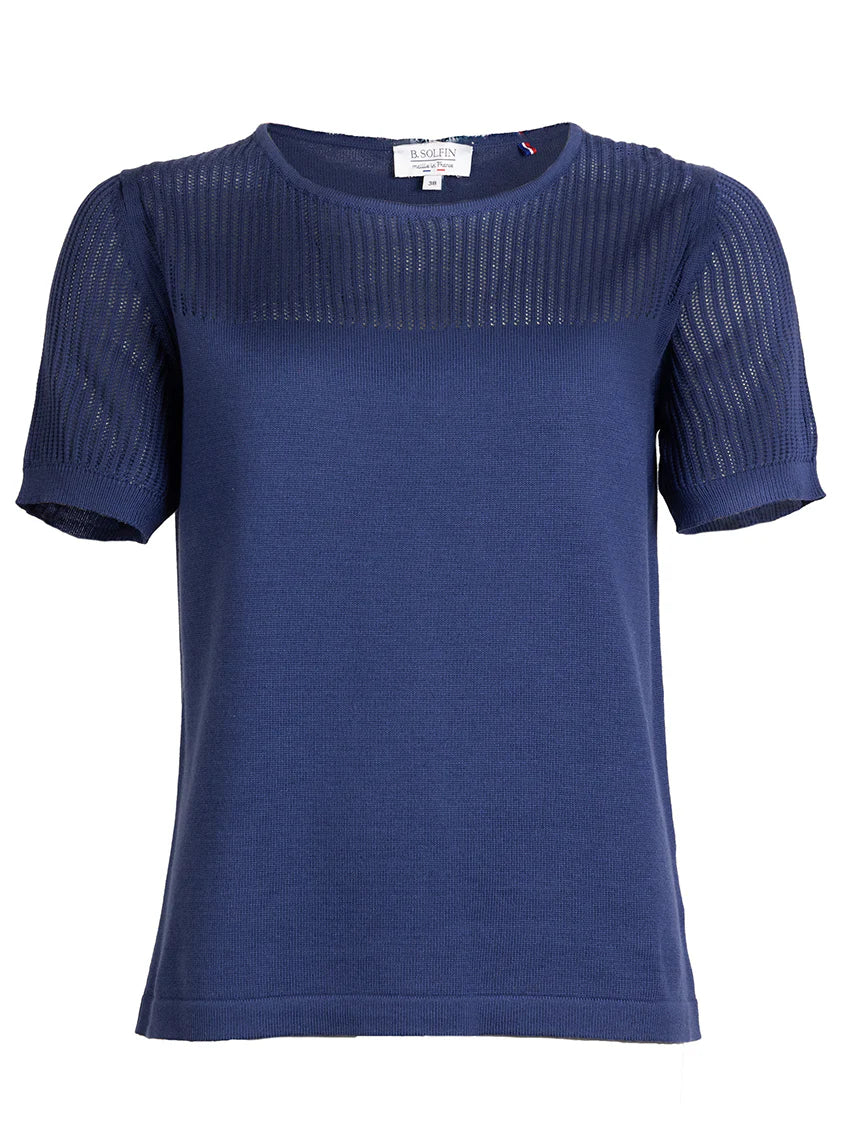 Pull femme ajouré coton bleu marine