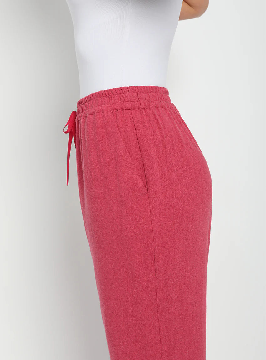 Pantacourt fluide femme en lin rose magenta