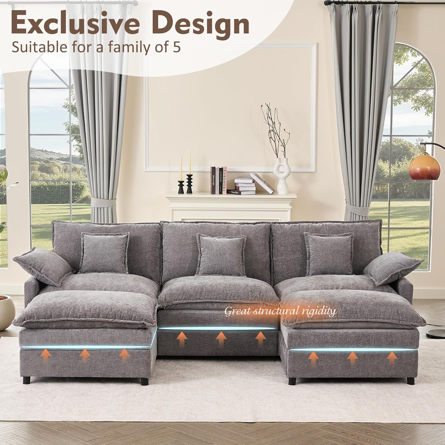 108 U Shaped Couch, Modular Sectional Sofa, 3-Seater Comfy Cloud Couch with Movable Ottoman, Deep Seat Couches for Living Room, Chenille, Slate