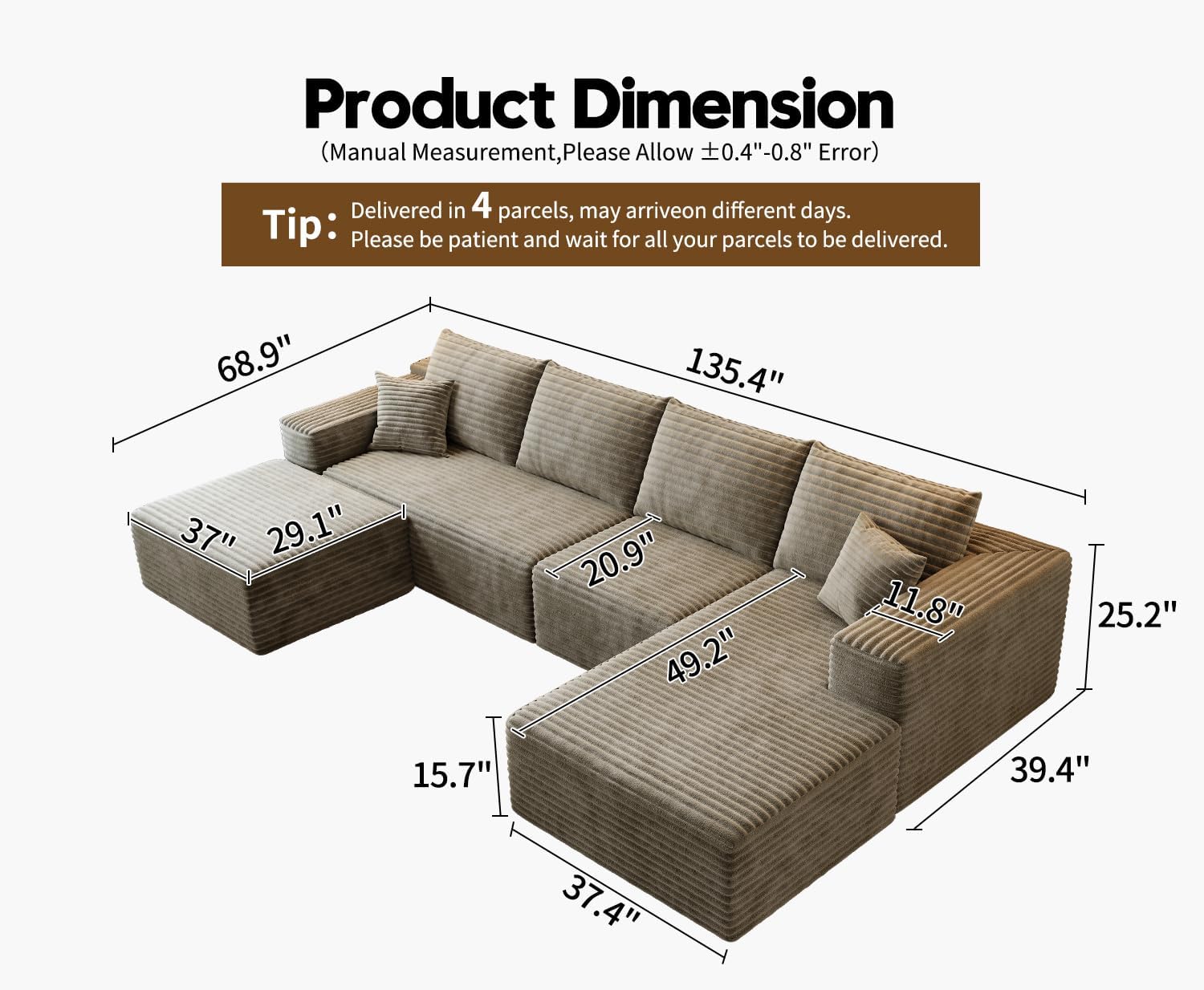 107.5 Cloud Modular Sectional Sofa Couch with L-Shape Chaise,Modern Minimalist Upholstered Couches for Living Room Bedroom,Deep Seat Corner Couch，No Assembly Required (Black,Left Facing Chaise)