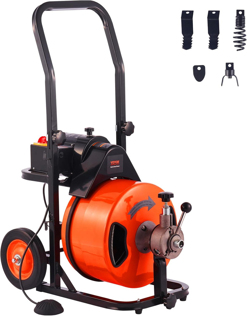 2025 Drain Cleaner Machine 100FT x 1/2Inch, Auto Feed Sewer Snake Auger with 4 Cutter & Air-activated Foot Switch for 1 to 4 Pipes, Orange, Black