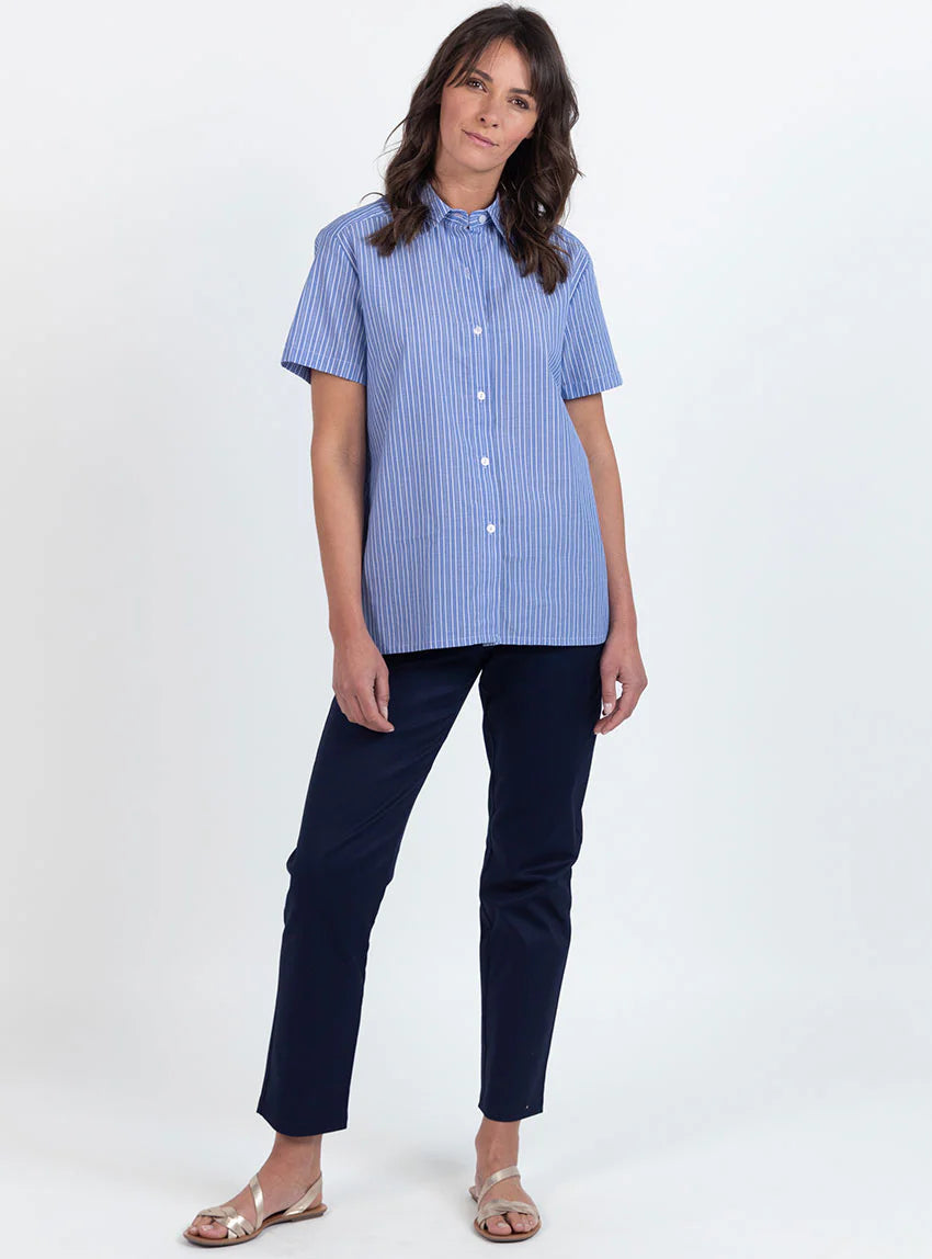 Chemisier en coton rayé bleu jean