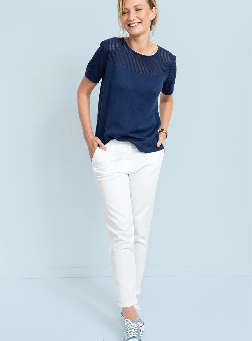 Pull femme ajouré coton bleu marine