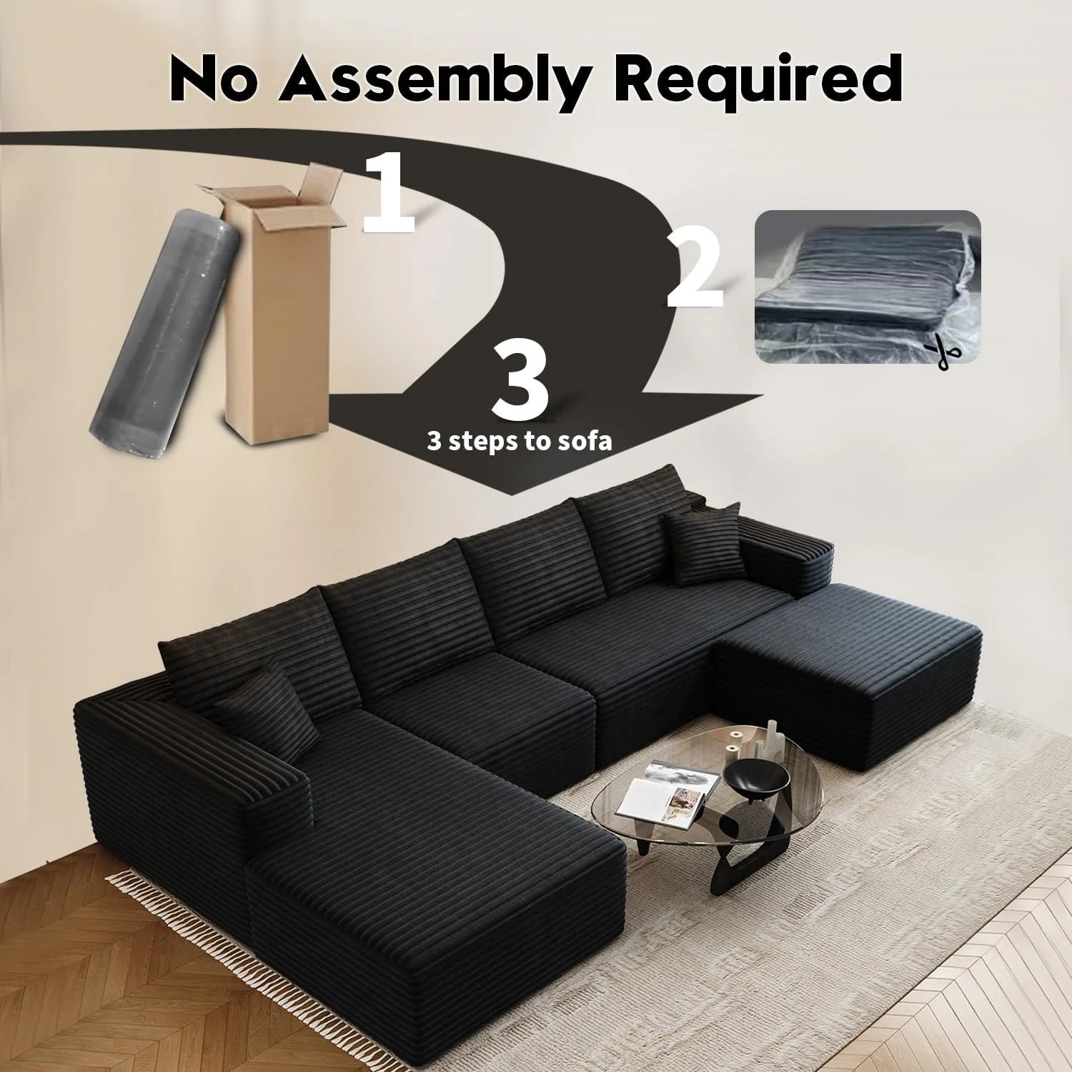107.5 Cloud Modular Sectional Sofa Couch with L-Shape Chaise,Modern Minimalist Upholstered Couches for Living Room Bedroom,Deep Seat Corner Couch，No Assembly Required (Black,Left Facing Chaise)