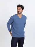 Pull homme col V chevrons en coton Bleu infini