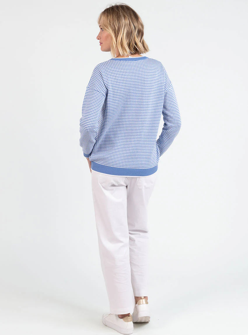 Pull femme bicolore en coton bleu pervenche esprit vichy