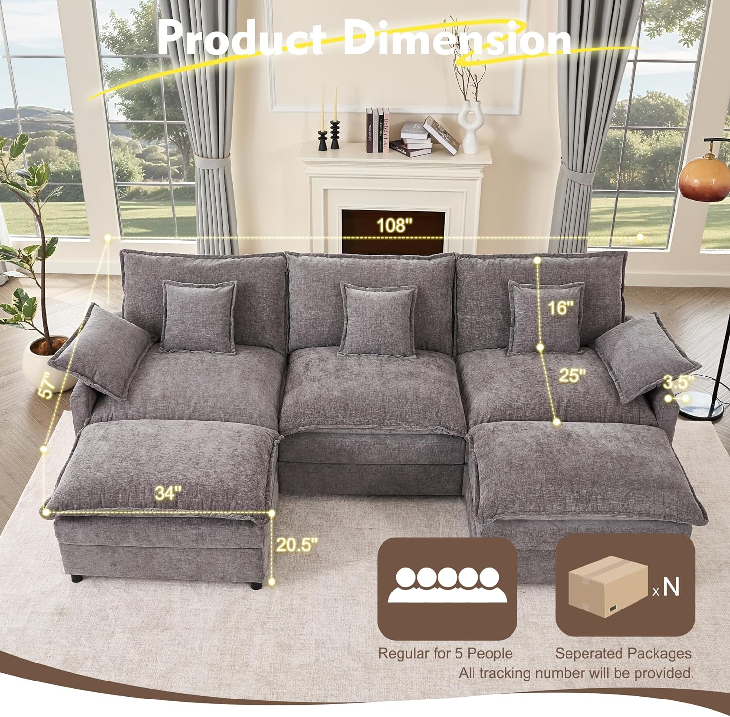 108 U Shaped Couch, Modular Sectional Sofa, 3-Seater Comfy Cloud Couch with Movable Ottoman, Deep Seat Couches for Living Room, Chenille, Slate