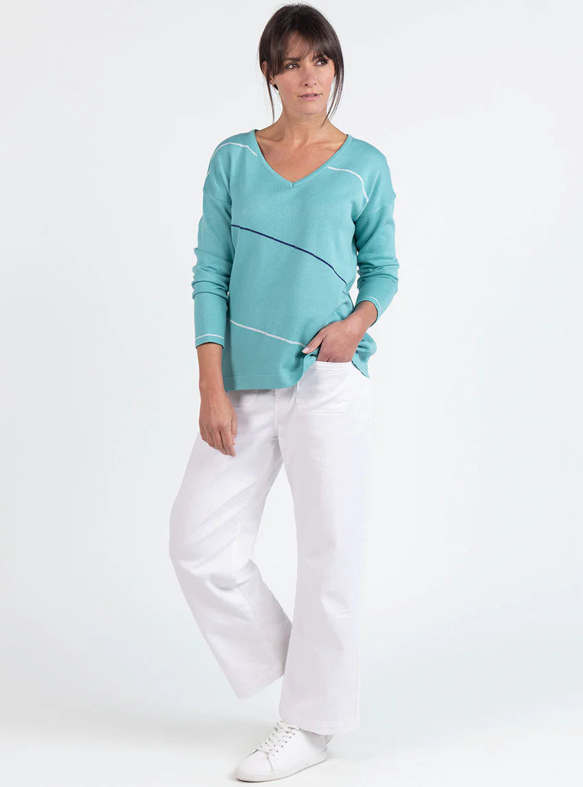 Pull femme col V en coton vert