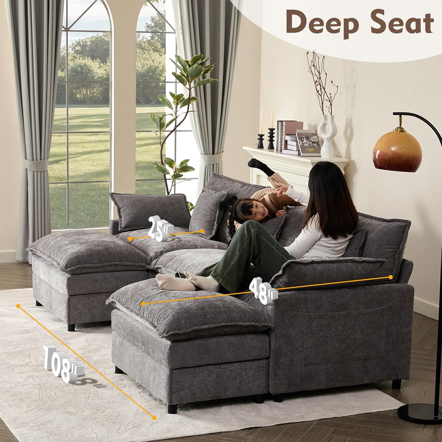 108 U Shaped Couch, Modular Sectional Sofa, 3-Seater Comfy Cloud Couch with Movable Ottoman, Deep Seat Couches for Living Room, Chenille, Slate