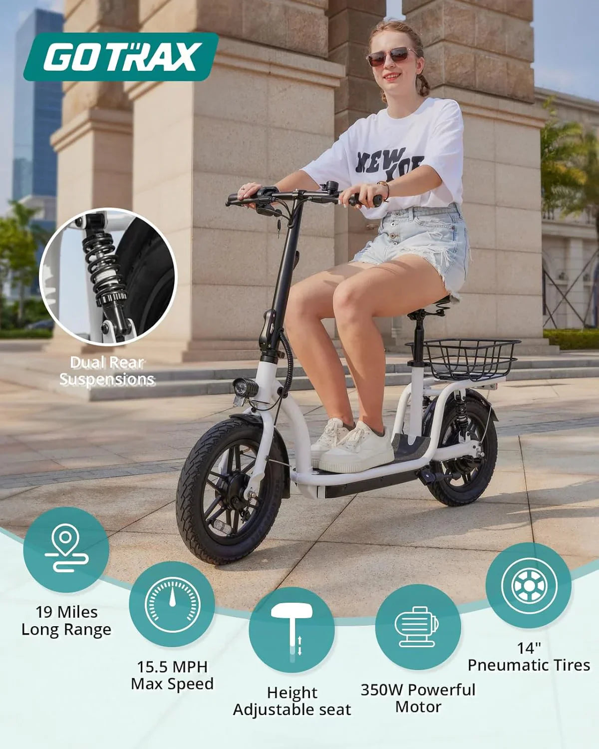 Gotrax adult electric scooter with seat maximum range of 19-25 miles all-terrain tires wide pedals