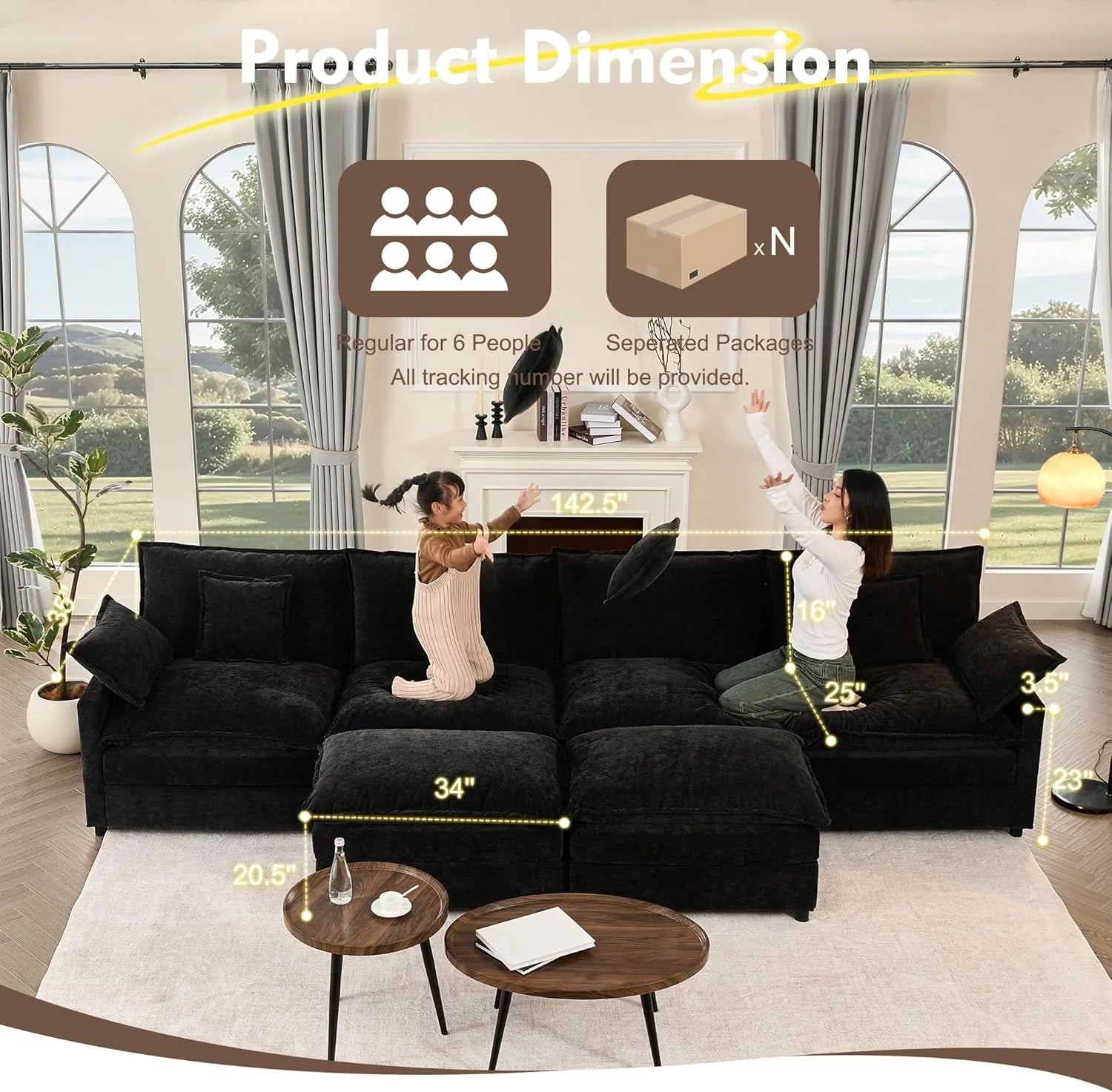 108 U Shaped Couch, Modular Sectional Sofa, 3-Seater Comfy Cloud Couch with Movable Ottoman, Deep Seat Couches for Living Room, Chenille, Slate