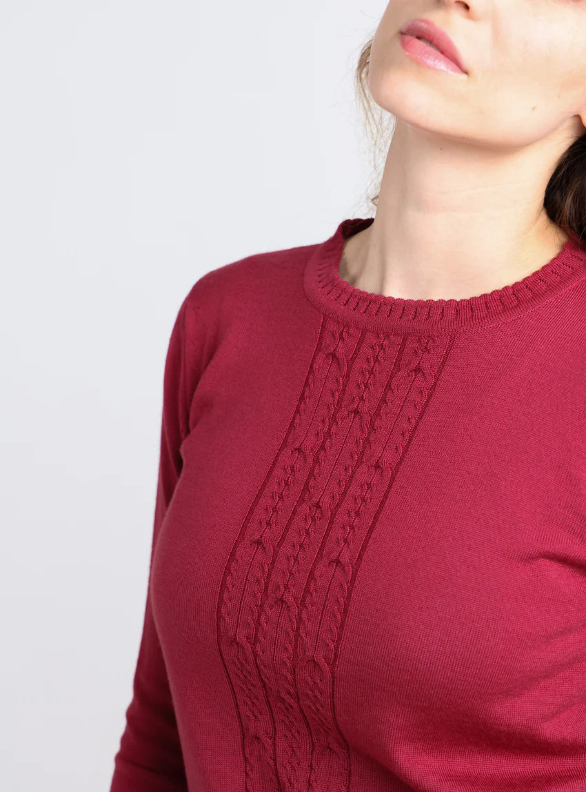 Pull femme torsadé en laine rose pourpre
