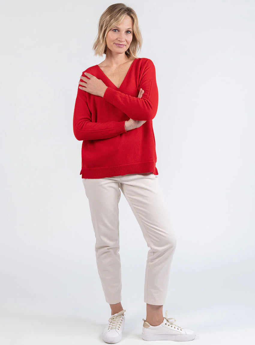 Pull femme col V laine et cachemire rouge tomate