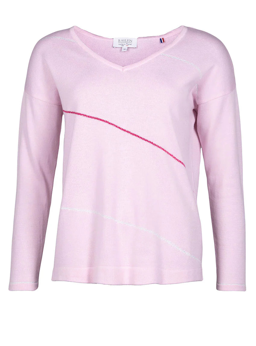 Pull femme col V en coton rose