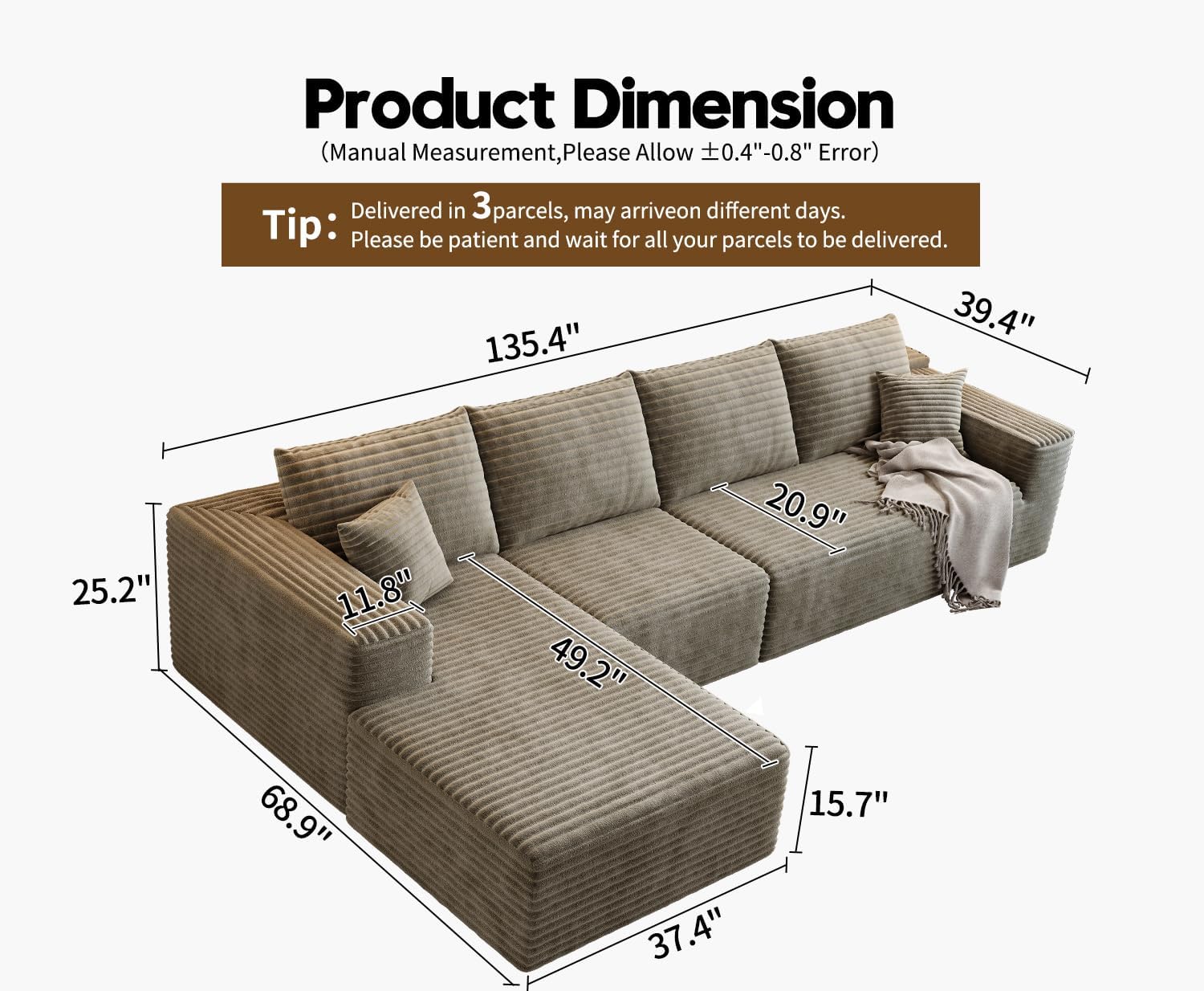 107.5 Cloud Modular Sectional Sofa Couch with L-Shape Chaise,Modern Minimalist Upholstered Couches for Living Room Bedroom,Deep Seat Corner Couch，No Assembly Required (Black,Left Facing Chaise)