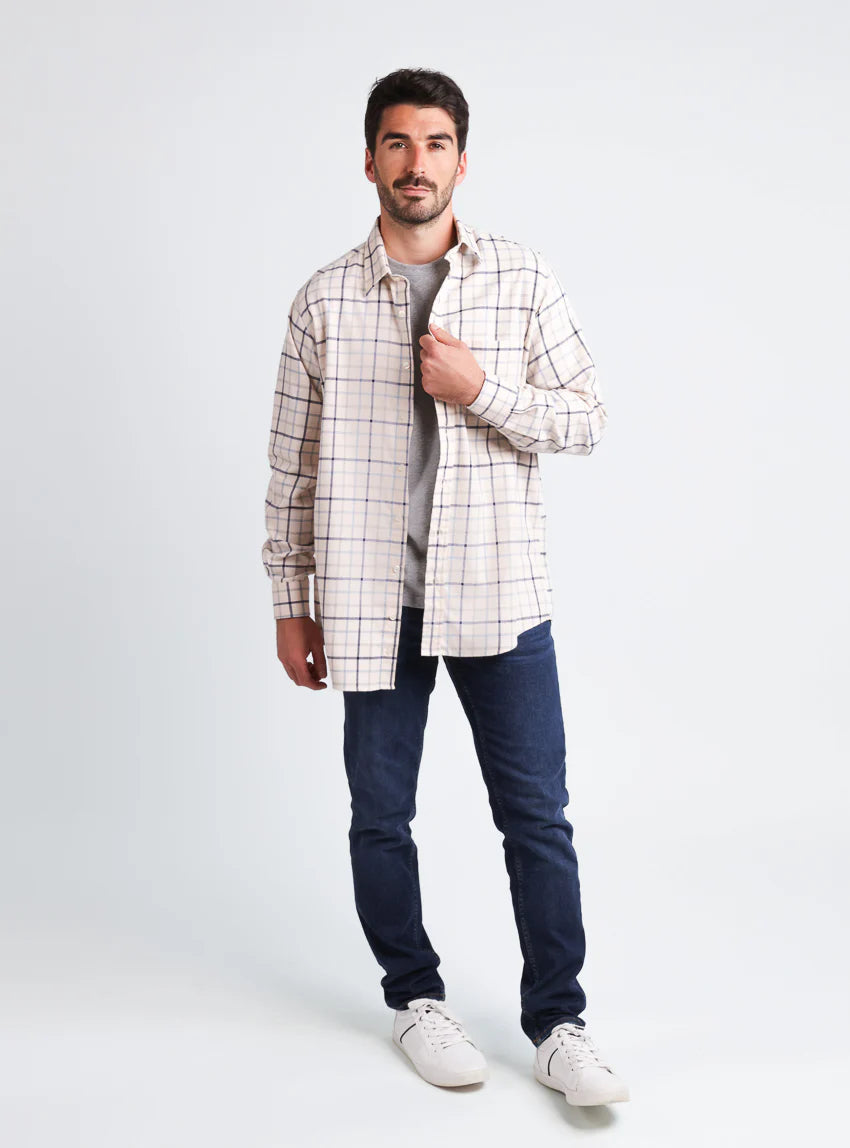Chemise homme à motifs coton et laine carreaux bleu nuit
