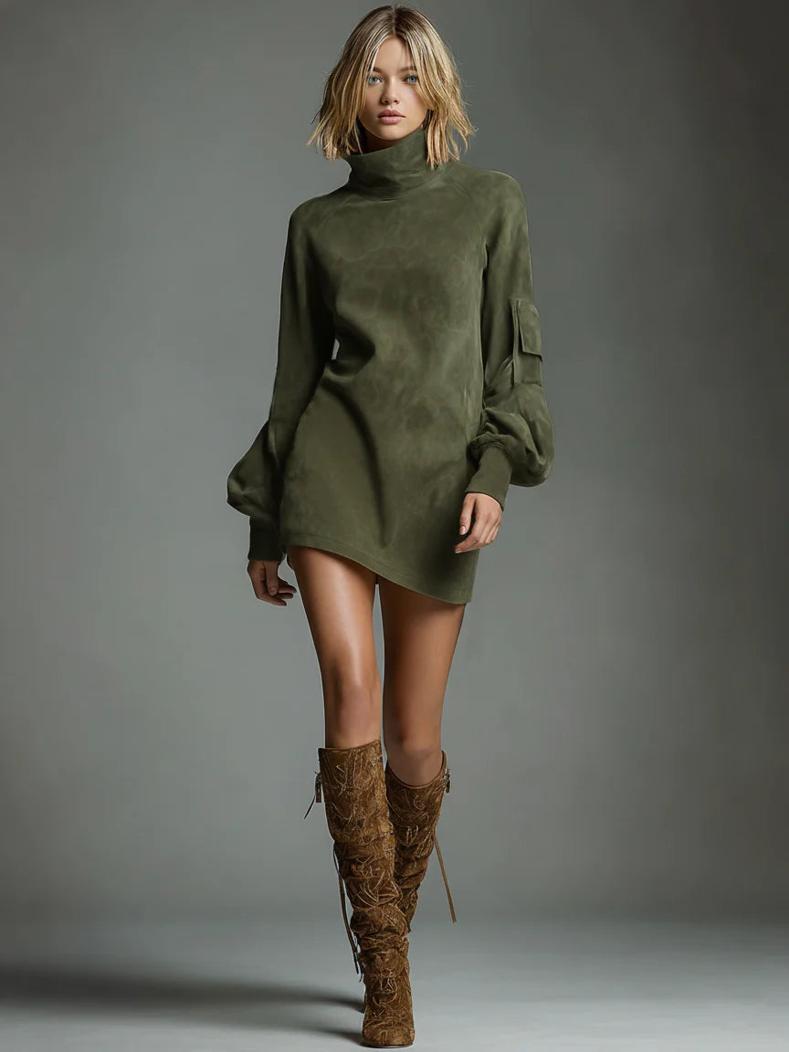 Robe mini vintage en daim à col roulé – Style chic sans effort