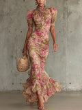 Fiora | Robe longue avec imprimé vintage de roses et manches bouffantes