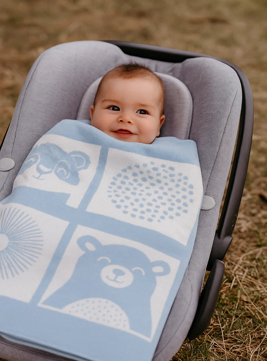 Plaid bébé laine mérinos motif animaux bleu pastel