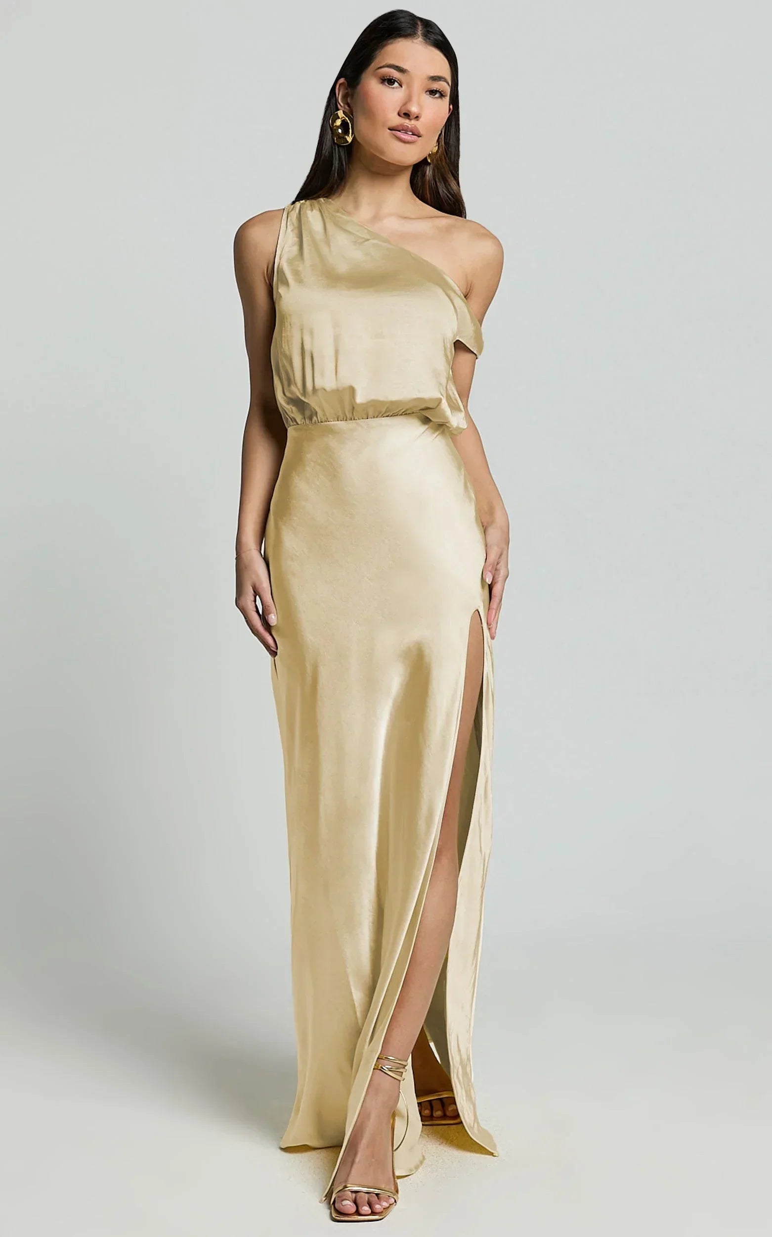 Jensen Midi Dress - Off Shoulder High Split Bias Slip Dress in Lemon