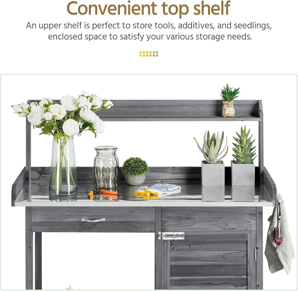 Yaheetech Outdoor Garden Potting Bench Table Work Bench Metal Tabletop Cabinet Drawer