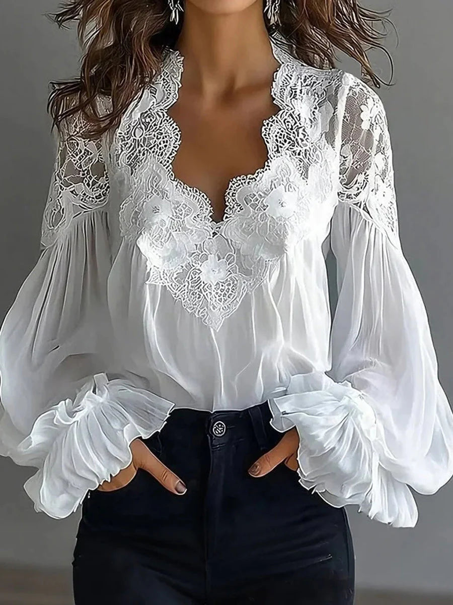 Blouse Femme en Dentelle à Manches Bouffantes Patchwork