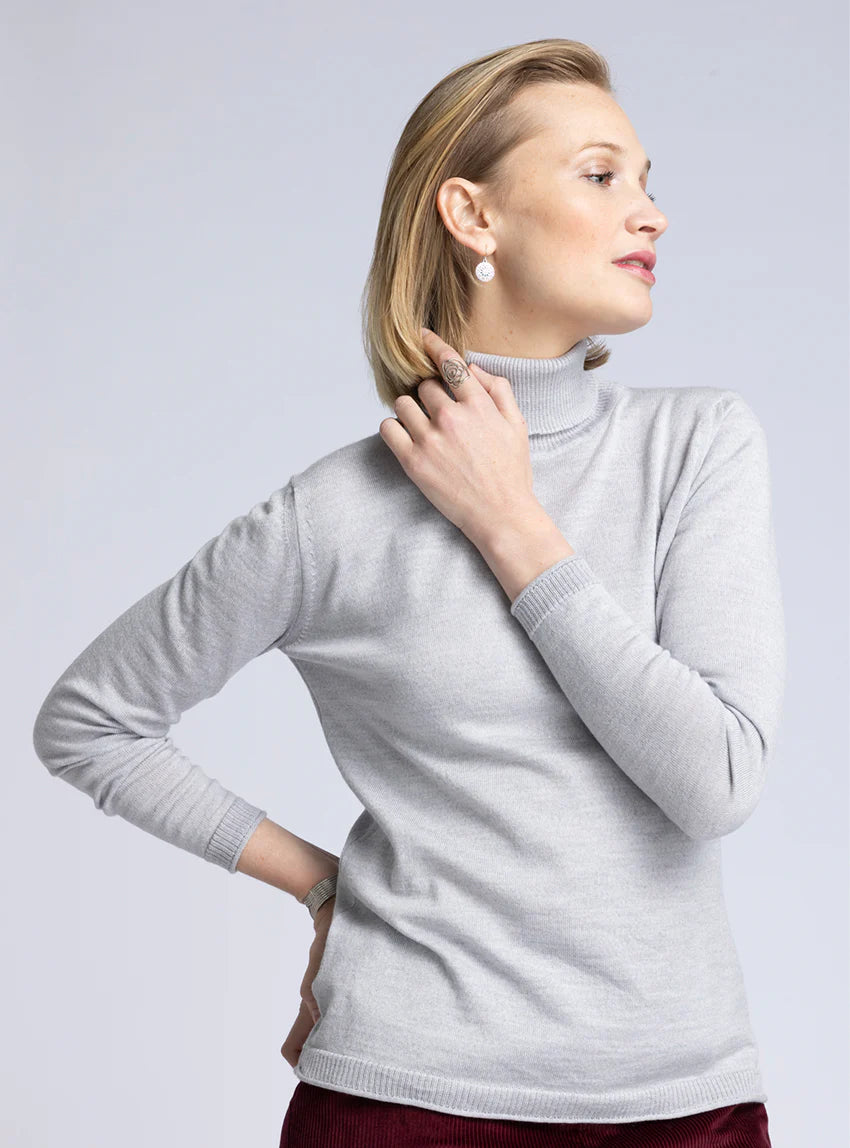 Pull femme col roulé en laine mérinos gris givré