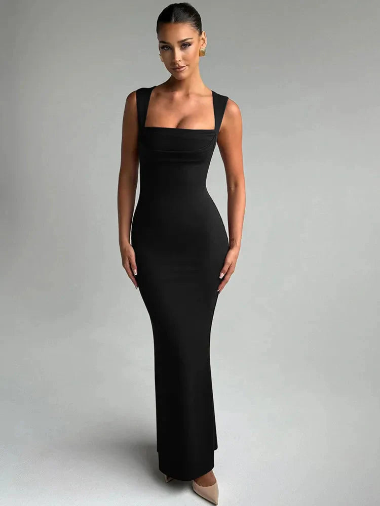 Robe Maxi Moulante Col Carré Robe de Soirée Sculptante