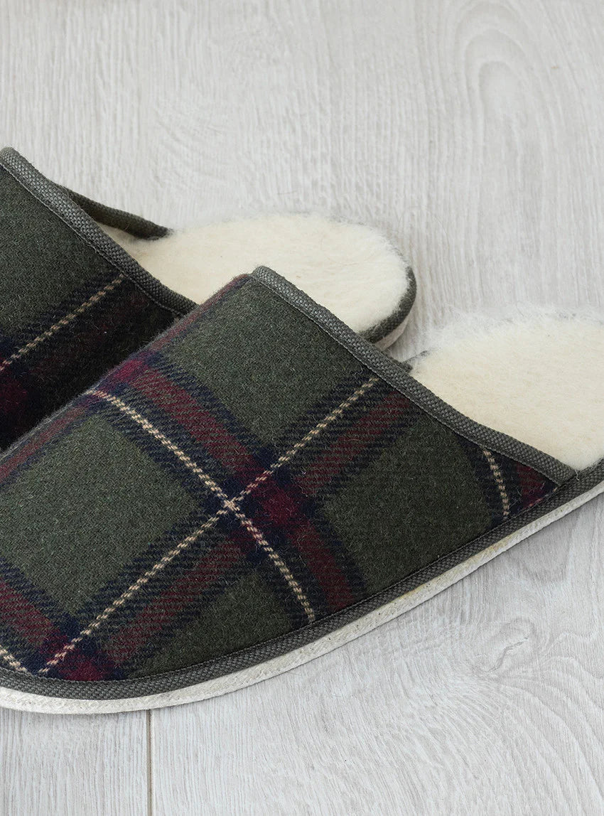 Mules à carreaux made in France vert kaki