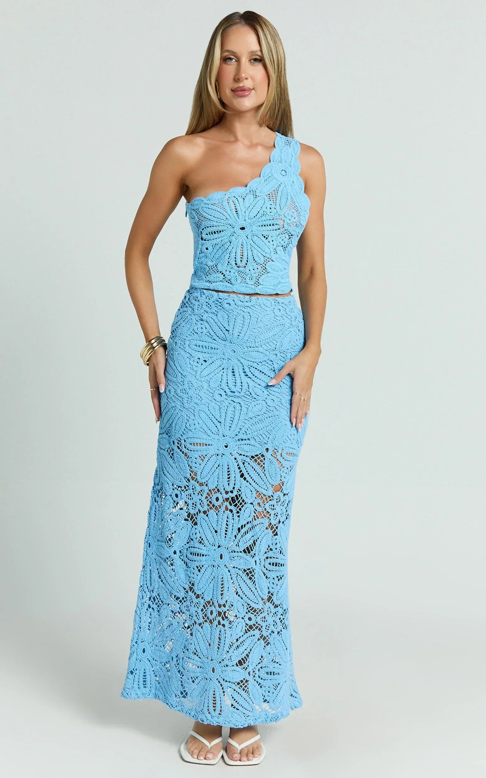 Charlene Maxi Skirt - Crochet Fit And Flare Skirt in Blue